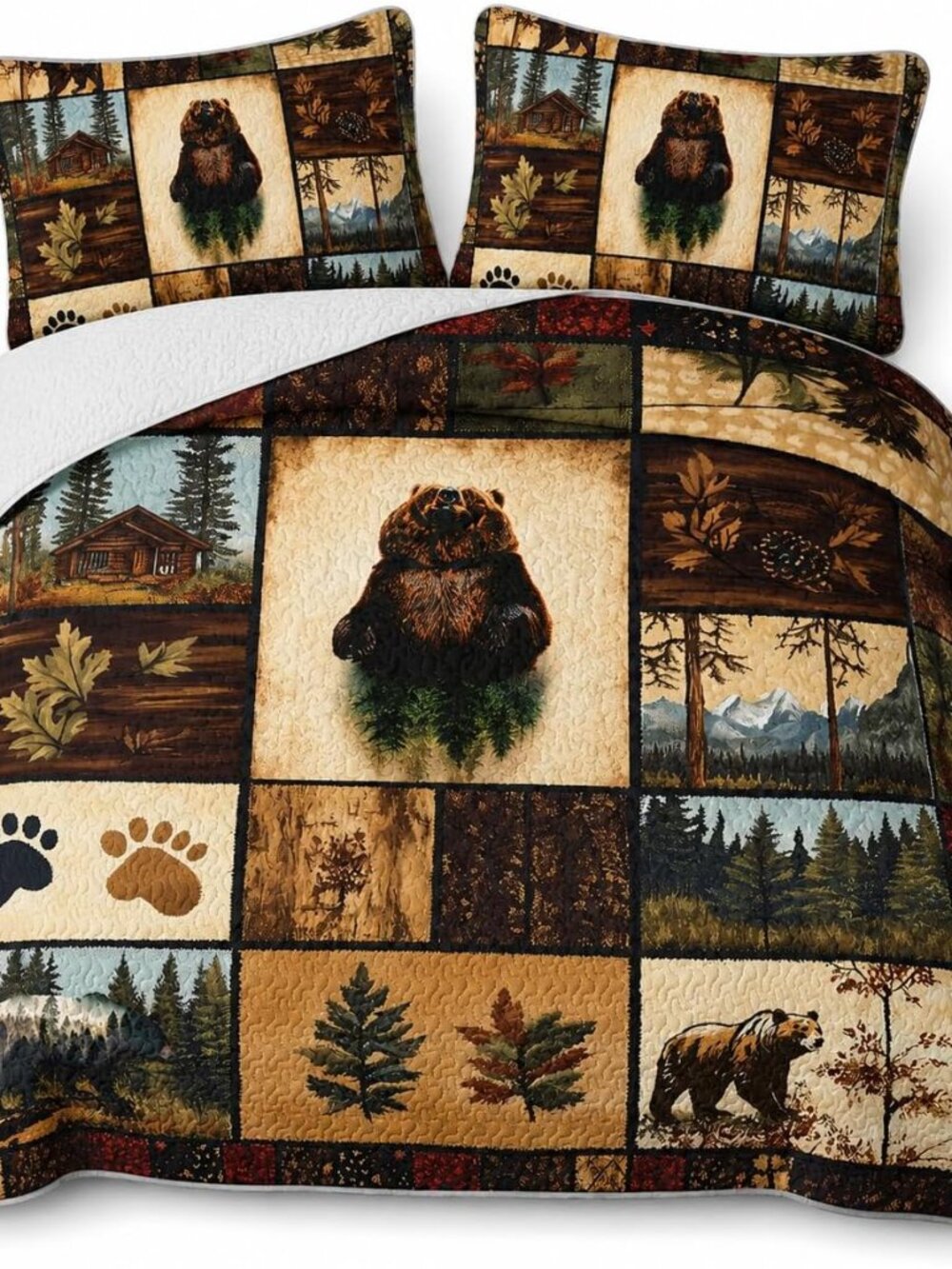 Rustic Bear Quilt Set Twin Size, Wildlife Themed Hunting Quilted Bedspread Soft